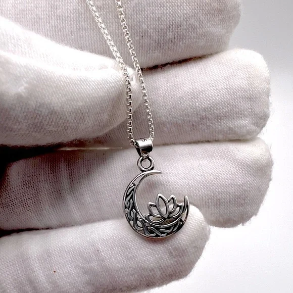 .925 Sterling Silver Moon and Lotus Flower Necklace - Picture 11 of 16